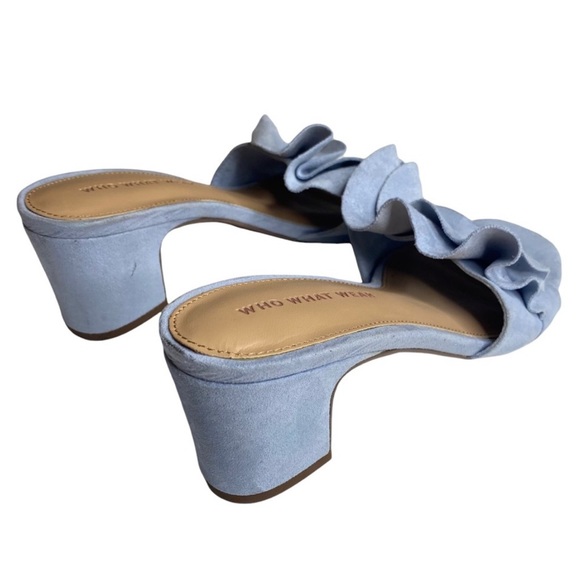 new Who What Wear ꧁ Zadie Ruffled Mule Heels Slide In Sandals ꧂ Blue Vegan Suede - Picture 4 of 16